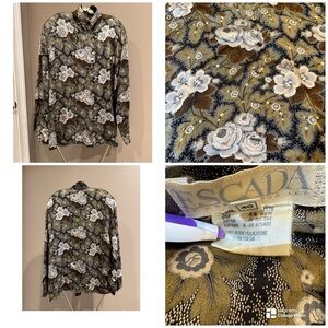 Vtg Escada Margaretha Ley Silk Chinoiserie Floral Button Up mandarin collar